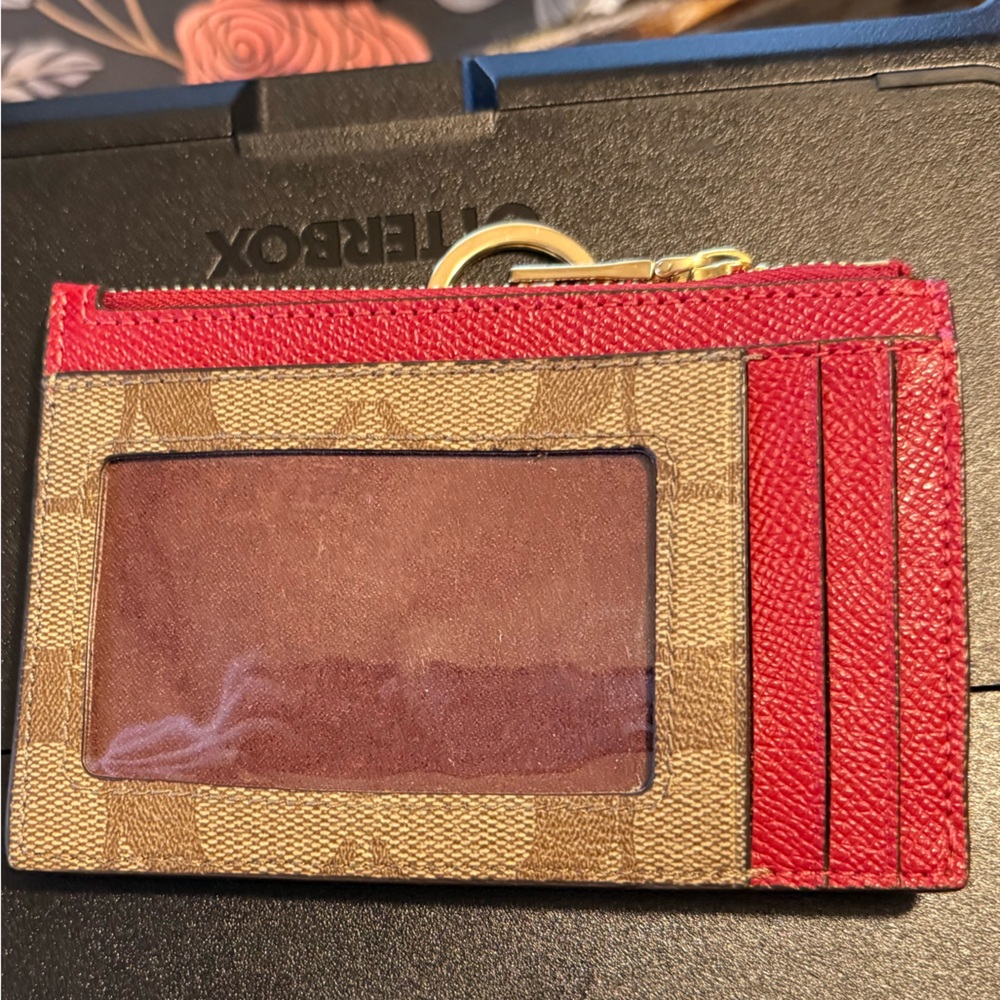 Coach Red and Brown Card Holder with Keychain - Picture 2 of 3